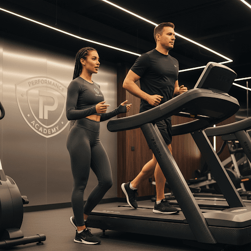 Professional female trainer coaching a man on a treadmill in a premium gym